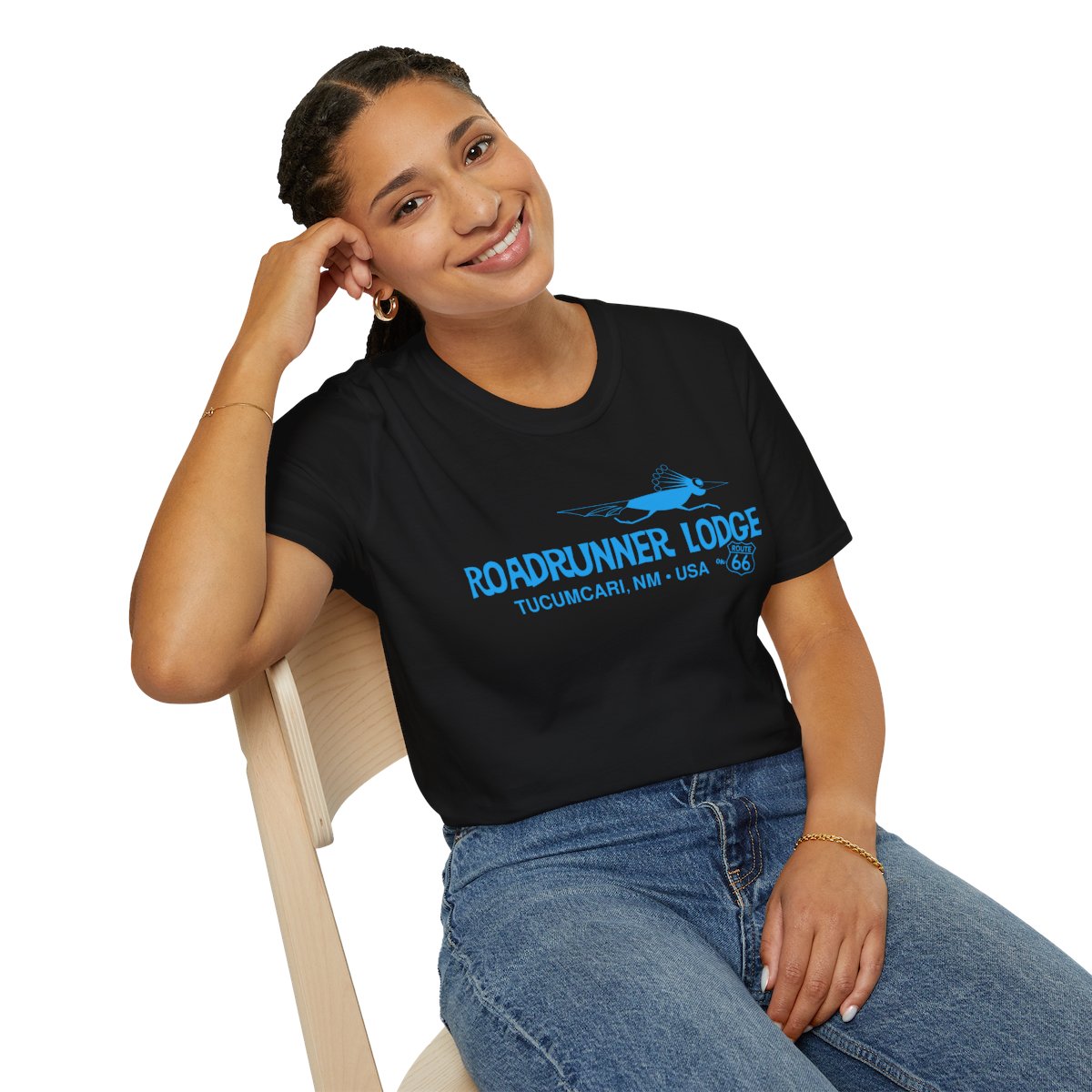 Roadrunner Lodge T-Shirt - Turquoise print on Unisex Softstyle Tee
