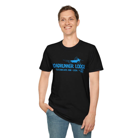 Roadrunner Lodge T-Shirt - Turquoise print on Unisex Softstyle Tee
