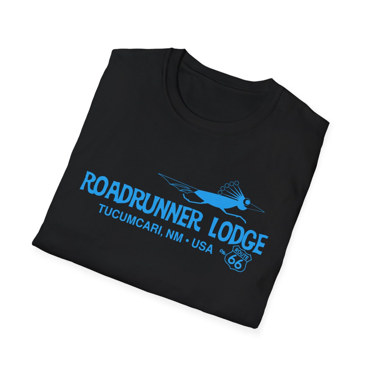 Roadrunner Lodge T-Shirt - Turquoise print on Unisex Softstyle Tee