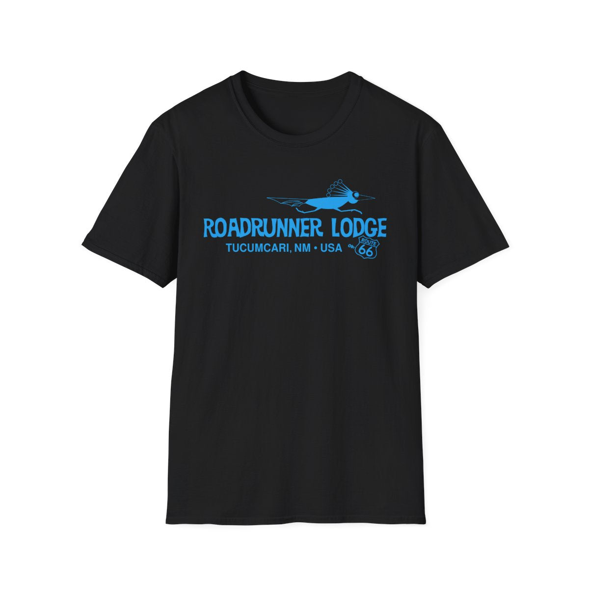 Roadrunner Lodge T-Shirt - Turquoise print on Unisex Softstyle Tee