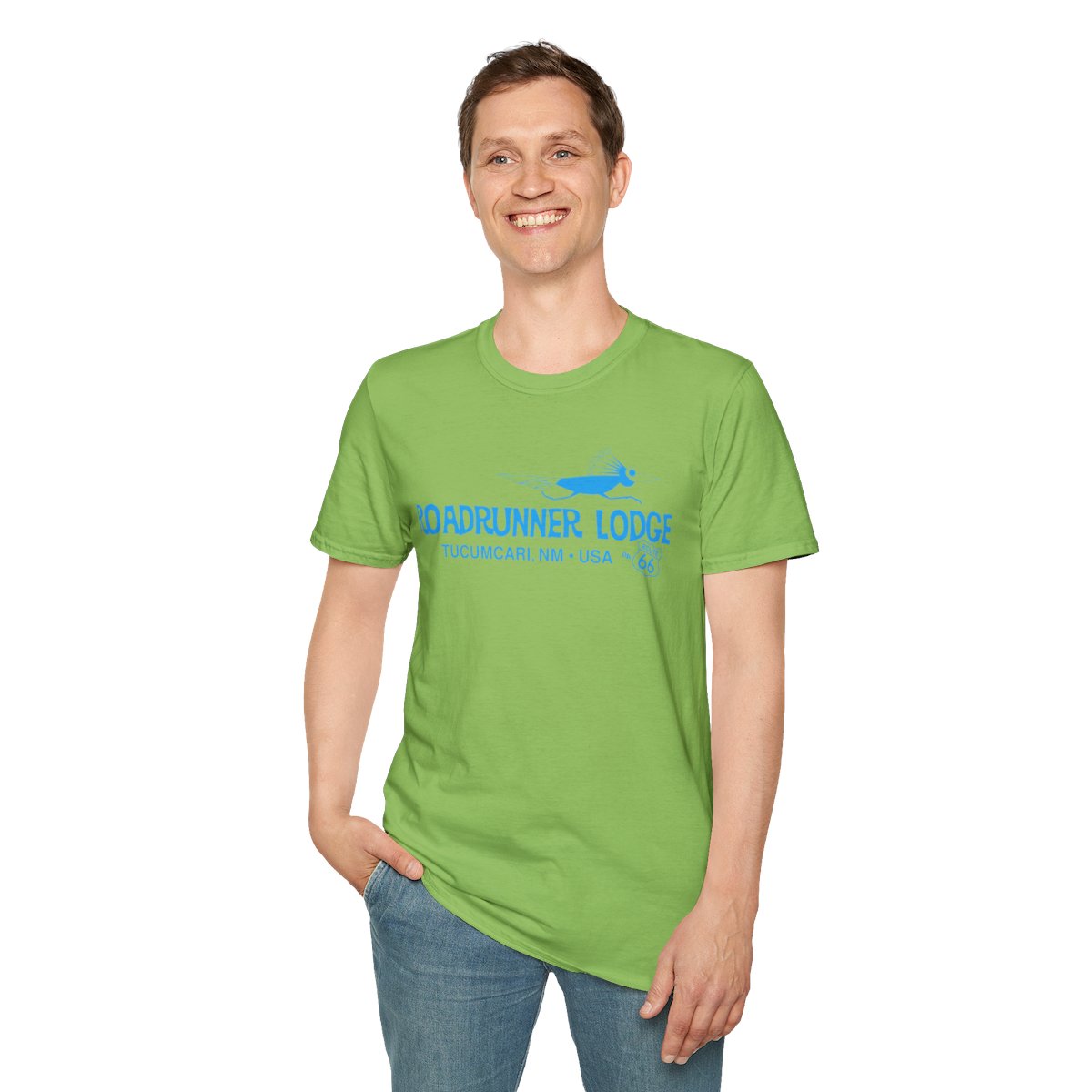 Roadrunner Lodge T-Shirt - Turquoise print on Unisex Softstyle Tee